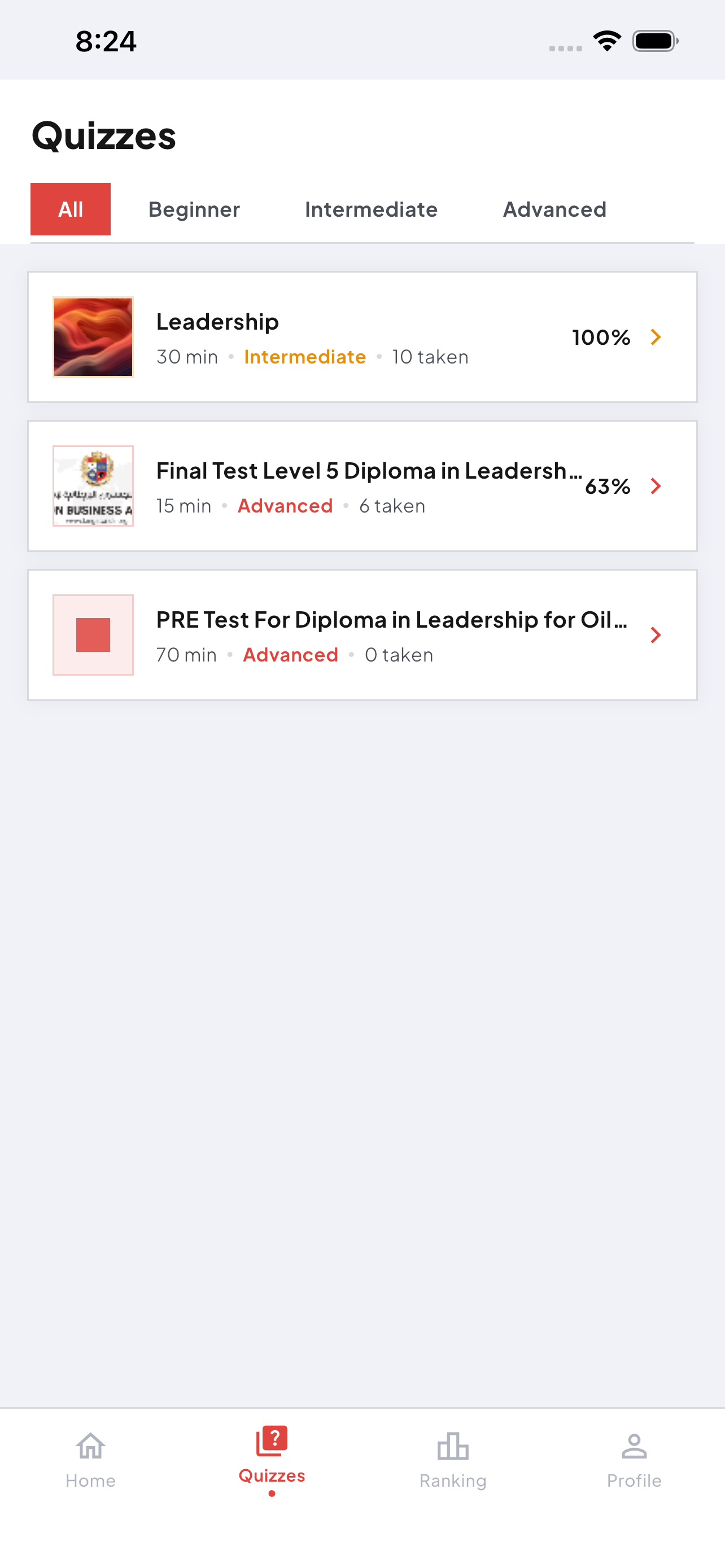 Quizzes list screen